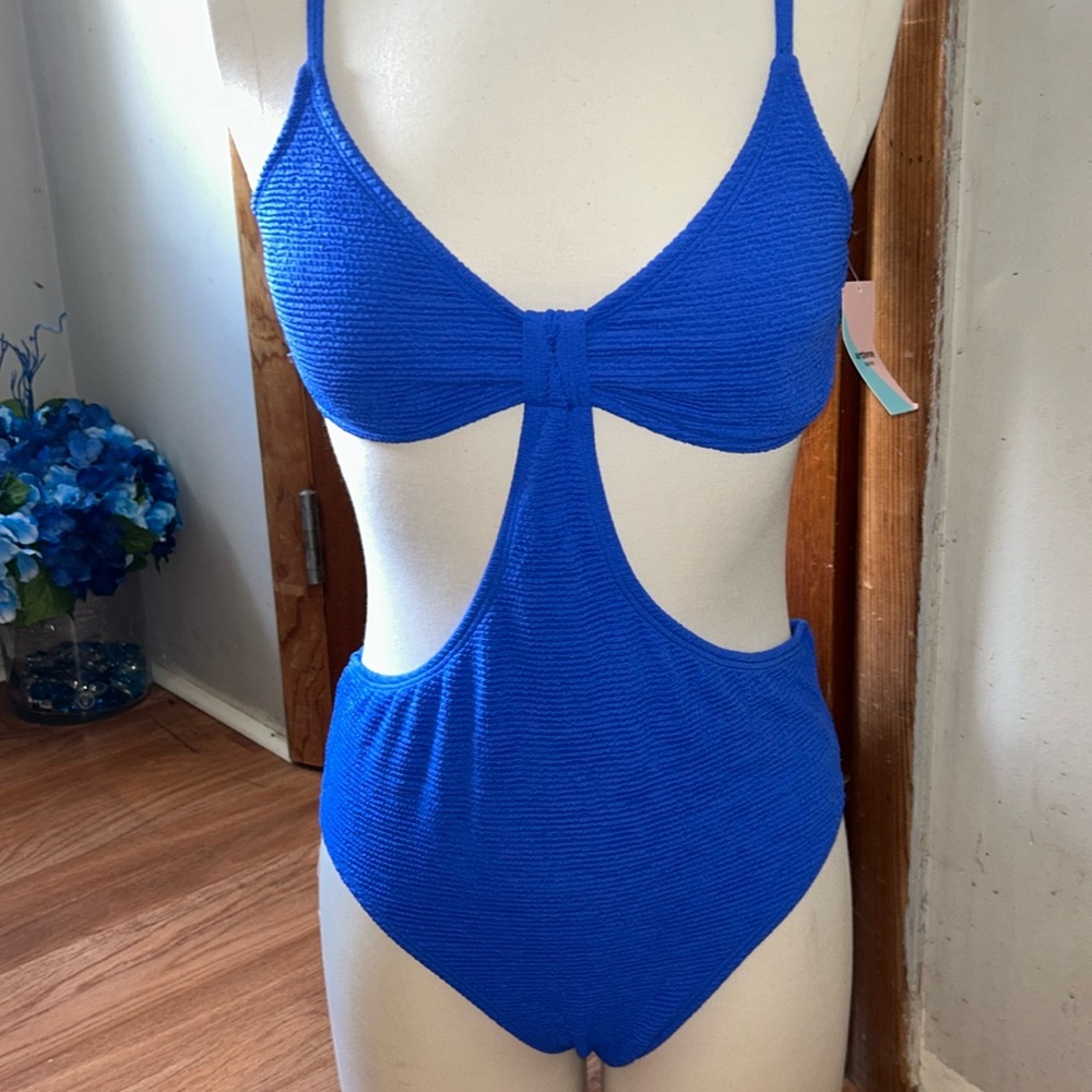 One piece bathing suit, wrinkle material. Adjustable on shoulders and back